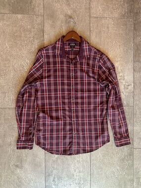Men’s Express Slim Fit Button Down Long Sleeve Checkered Shirt Purple Red EUC
